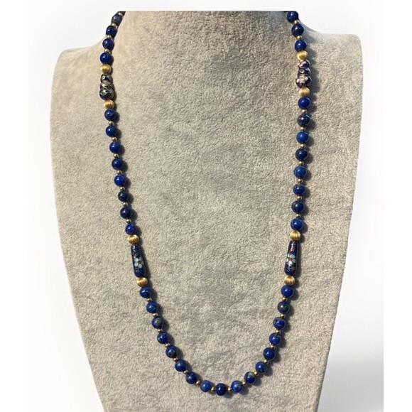 Vintage Lapis Lazuli & Cloisonné Beaded Necklace Unique Shaped 24” - Picture 2 of 13
